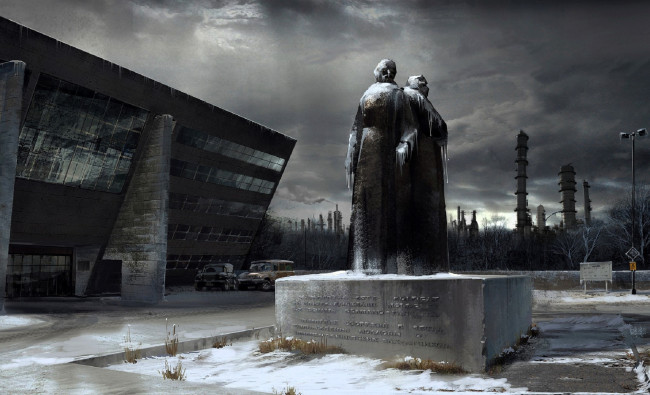 Обои картинки фото видео игры,  2, город, здание, машины, статуя, трубы