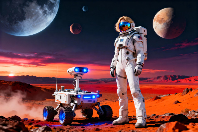 Обои картинки фото 3д графика, научная фантастика , science fiction, девушка, скафандр, космос, планеты, луноход, закат