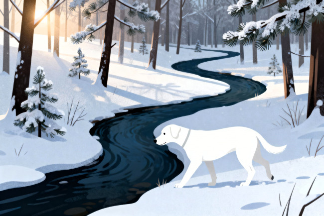 Обои картинки фото рисованное, животные,  собаки, собака, белая, река, лес, зима, снег