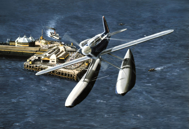 Обои картинки фото видео игры, ---другое, гидросамолет, полет, море, катера, мост, люди, постройки