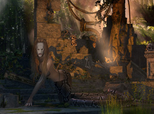 Картинка 3д графика creatures существа руины деревья змея