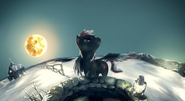 Обои картинки фото фэнтези, существа, дома, зима, луна, пегас