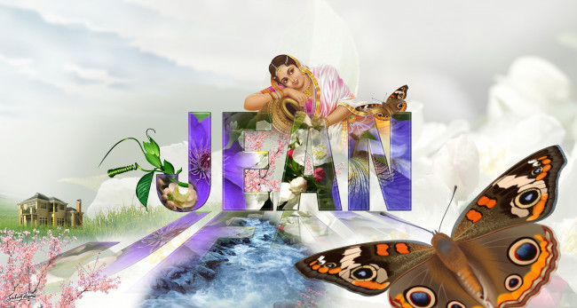 Обои картинки фото рисованные, люди, девушка, взгляд, вода, лотос, бабочки