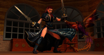 Картинка 3д+графика фантазия+ fantasy девушка взгляд фон очки птица оружие