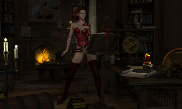 Картинка 3д+графика эльфы+ elves фон взгляд эльфийка свечи камин книга