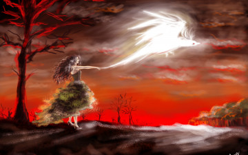 Картинка фэнтези девушки закат девушка магия деревья птица