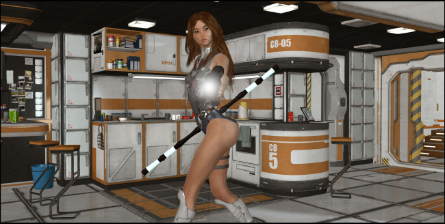 Обои картинки фото 3д графика, люди , people, девушка, взгляд, фон, шест, кухня