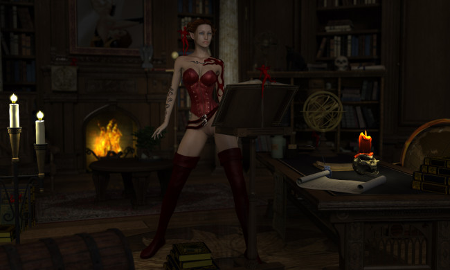 Обои картинки фото 3д графика, эльфы , elves, фон, взгляд, эльфийка, свечи, камин, книга