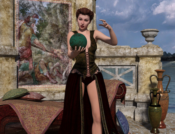 Обои картинки фото 3д графика, люди , people, фон, шар, взгляд, девушка