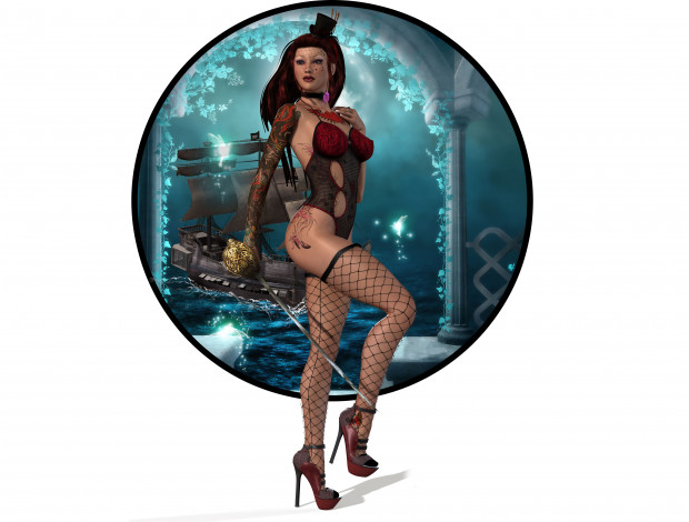 Обои картинки фото 3д графика, люди , people, девушка, фон, чулки, взгляд, шпага