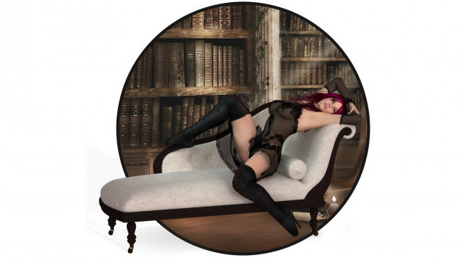 Обои картинки фото 3д графика, люди , people, девушка, фон, тахта, книги