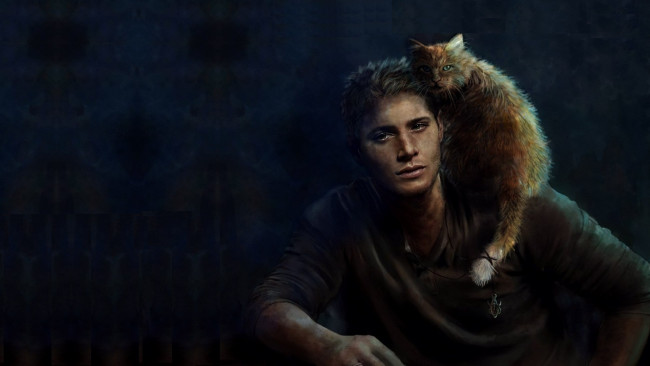Обои картинки фото рисованное, люди, дженсен, эклз, dean, winchester, cat, кот, supernatural, дин, винчестер, сверхъестественное