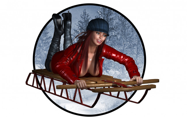 Обои картинки фото 3д графика, люди , people, девушка, фон, сани, улыбка