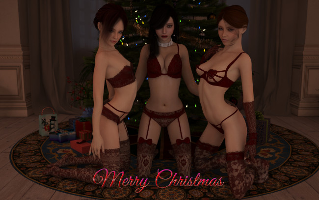 Обои картинки фото 3д графика, праздники , holidays, девушки, фон, взгляд, ёлка, праздник, чулки