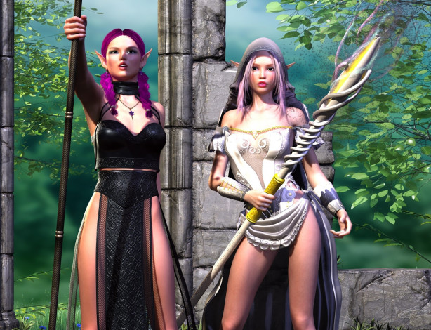 Обои картинки фото 3д графика, эльфы , elves, фон, взгляд, эльфийки