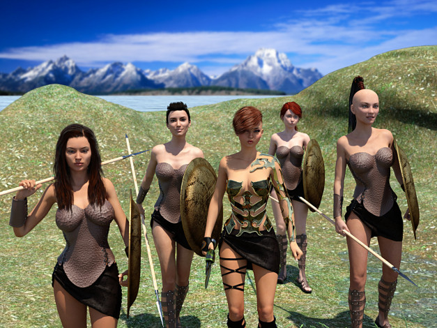 Обои картинки фото 3д графика, фантазия , fantasy, девушки, взгляд, фон, оружие