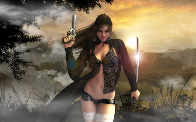 Обои картинки фото 3д графика, амазонки , amazon, сабля, револьвер, девушка, фон, взгляд