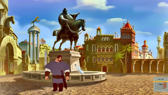 Обои картинки фото календари, кино,  мультфильмы, памятник, богатырь, мужчина, 2018, пальма, здание