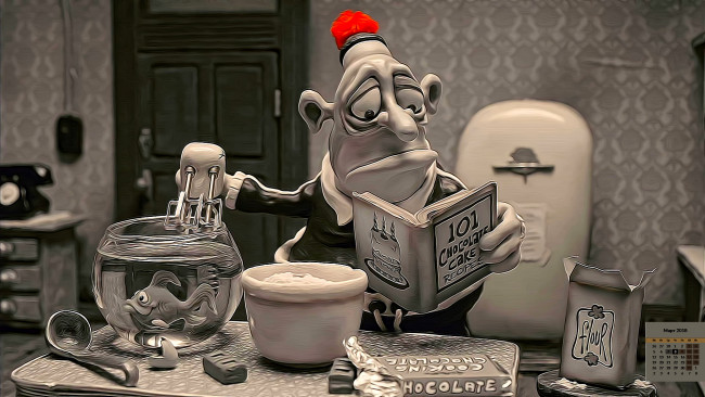 Обои картинки фото календари, кино,  мультфильмы, рыба, взгляд, аквариум, книга, 2018, мужчина