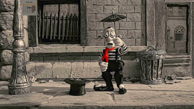 Обои картинки фото календари, кино,  мультфильмы, взгляд, шляпа, зонт, мужчина, мим, клоун, 2018