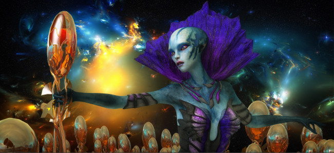 Обои картинки фото 3д графика, существа , creatures, взгляд, девушка, фон