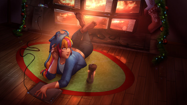 Обои картинки фото аниме, зима,  новый год,  рождество, ветка, фон, девушка, носок