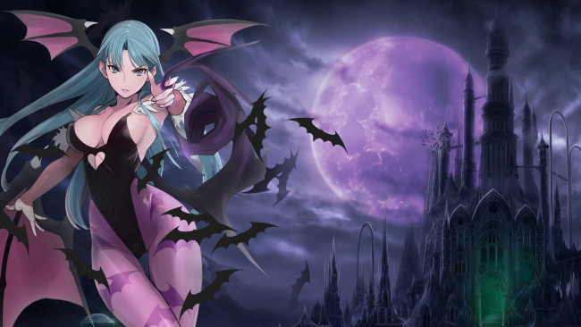 Обои картинки фото darkstalkers, аниме, взгляд, фон, крылья, девушка