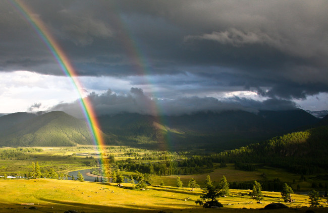 Обои картинки фото природа, радуга, долина, лес, деревья, река, пейзажи, простор
