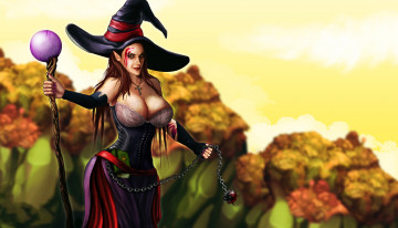 Картинка фэнтези маги +волшебники фон взгляд шляпа посох девушка