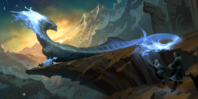 Обои картинки фото видео игры, league of legends,  legends of runeterra, aurelion, sol, дракон, магия, скалы, люди