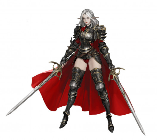 Обои картинки фото фэнтези, эльфы, девушка, эльф, мечи, плащ