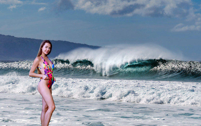 Обои картинки фото девушки, - брюнетки,  шатенки, море, волна, брюнетка, купальник