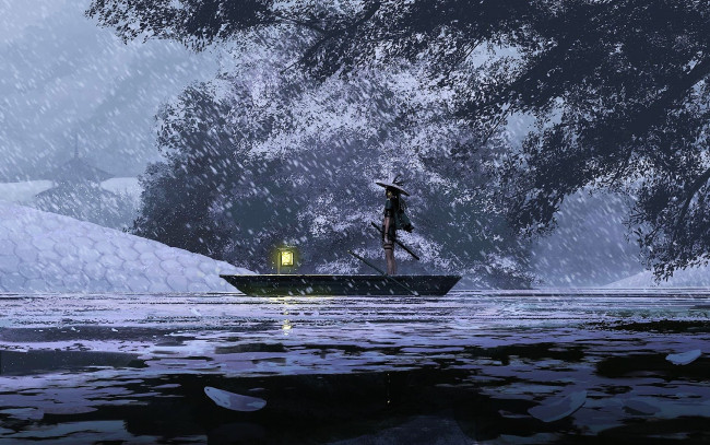 Обои картинки фото фэнтези, _guweiz, девушка, шляпа, меч, фонарь, лодка, снег