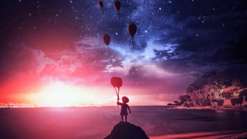 Картинка аниме пейзажи +природа ребенок шарики закат море дома