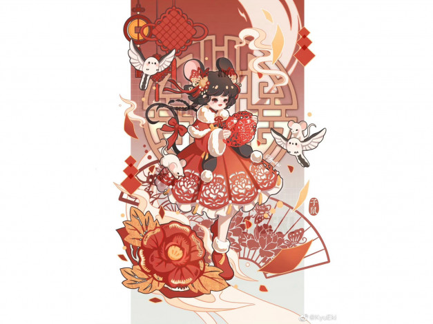 Обои картинки фото аниме, животные,  существа, девочка, мыши, птицы