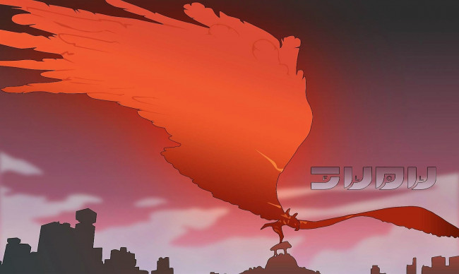 Обои картинки фото аниме, flcl, крылья, город