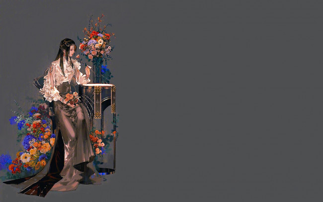 Обои картинки фото аниме, unknown,  другое , девушка, цветы