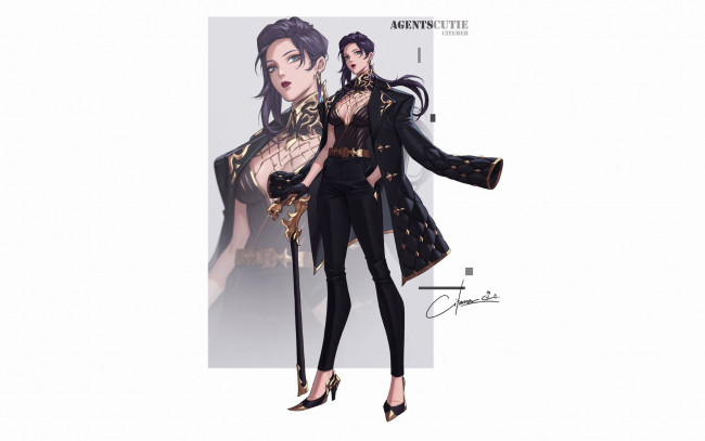 Обои картинки фото аниме, unknown,  другое , девушка, пальто, трость