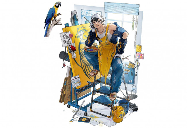 Обои картинки фото аниме, животные,  существа, художник, попугай, картины, краски