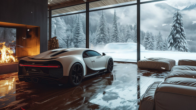 Обои картинки фото автомобили, bugatti, chiron, сozy, эстeтичный, интeрьeр, камин, панорамные, окна