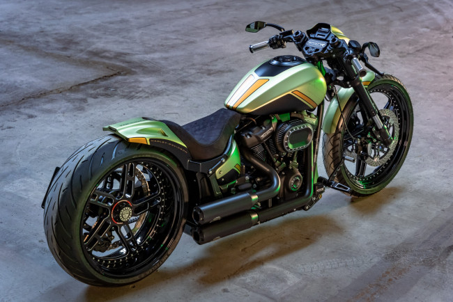 Обои картинки фото мотоциклы, harley-davidson, softail, fxdr, customized, golden, lime, tuning, bikes