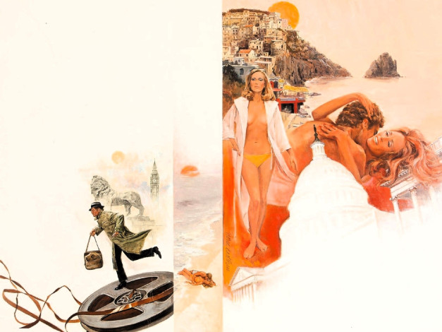 Обои картинки фото рисованное, norm eastman, мужчина, плащ, сумка, кассета, девушка, парень