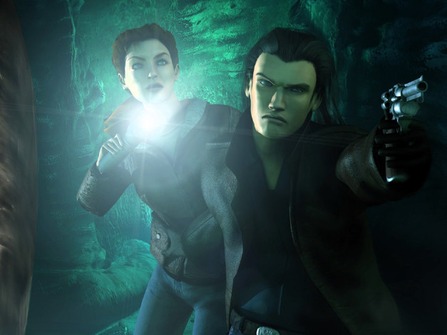 Обои картинки фото видео игры, alone in the dark 4, девушка, парень, фонарь, пистолет