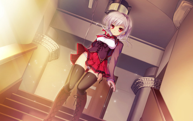 Обои картинки фото аниме, *unknown, другое, блейзер, девочка, юбка, корсет, сапоги, чулки, коридор, лестница