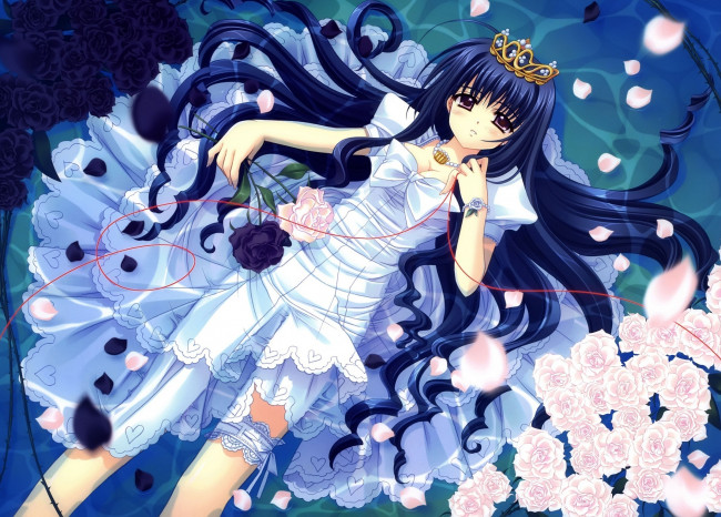 Обои картинки фото аниме, *unknown, другое, красная, нить, диадема, nishimata, aoi, украшения, розы, цветы, платье, лёжа, девочка