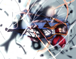 Картинка аниме shingeki+no+kyojin mikasa ackerman разрушения дым тросы девушка жест смущение клинки полет art