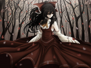 Картинка аниме touhou листья бант деревья девушка