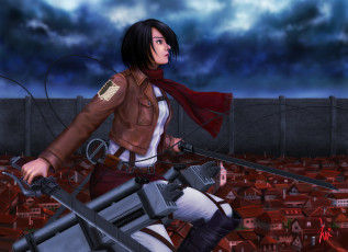 Картинка аниме shingeki+no+kyojin art ebi девушка mikasa ackerman взгляд клинки полет город