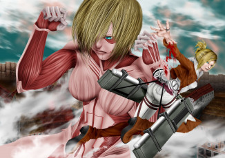 Картинка аниме shingeki+no+kyojin город солдат форма приспособления кровь улыбка annie leonhardt девушка гигант art