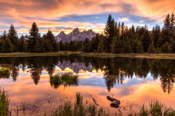 Картинка природа реки озера облака озеро лес горы отражение зарево